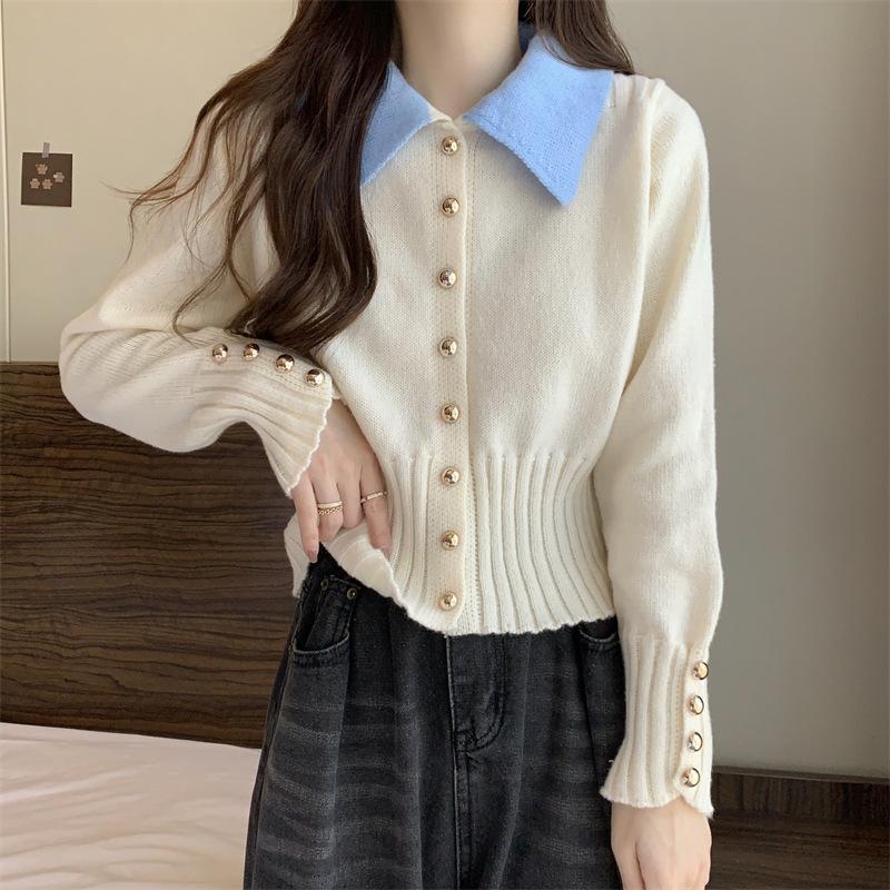 Damen Strickpullover Eleganter Kragen Knopfdetails Norvielle