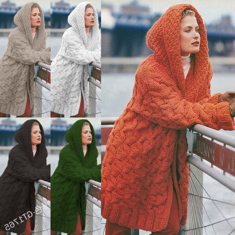Damen Grobstrick-Cardigan mit Kapuze und Muster - Norvielle