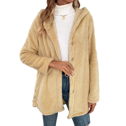 Damen Übergangsjacke Flauschig Mit Kapuze Knopfverschluss Norvielle