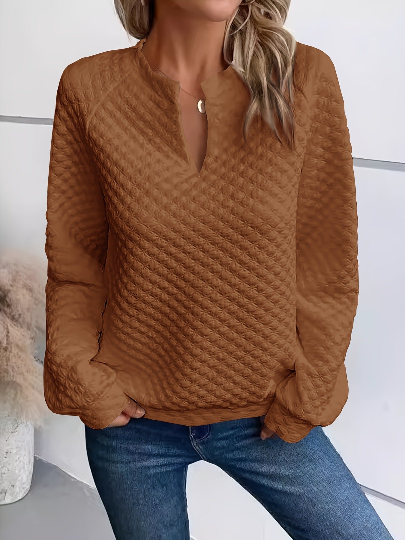 Damen Sweatshirt Strukturiertes Steppdesign Modischer Ausschnitt