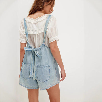 Damen Denim-Shortoverall Geraffter Ausschnitt Seitentaschen
