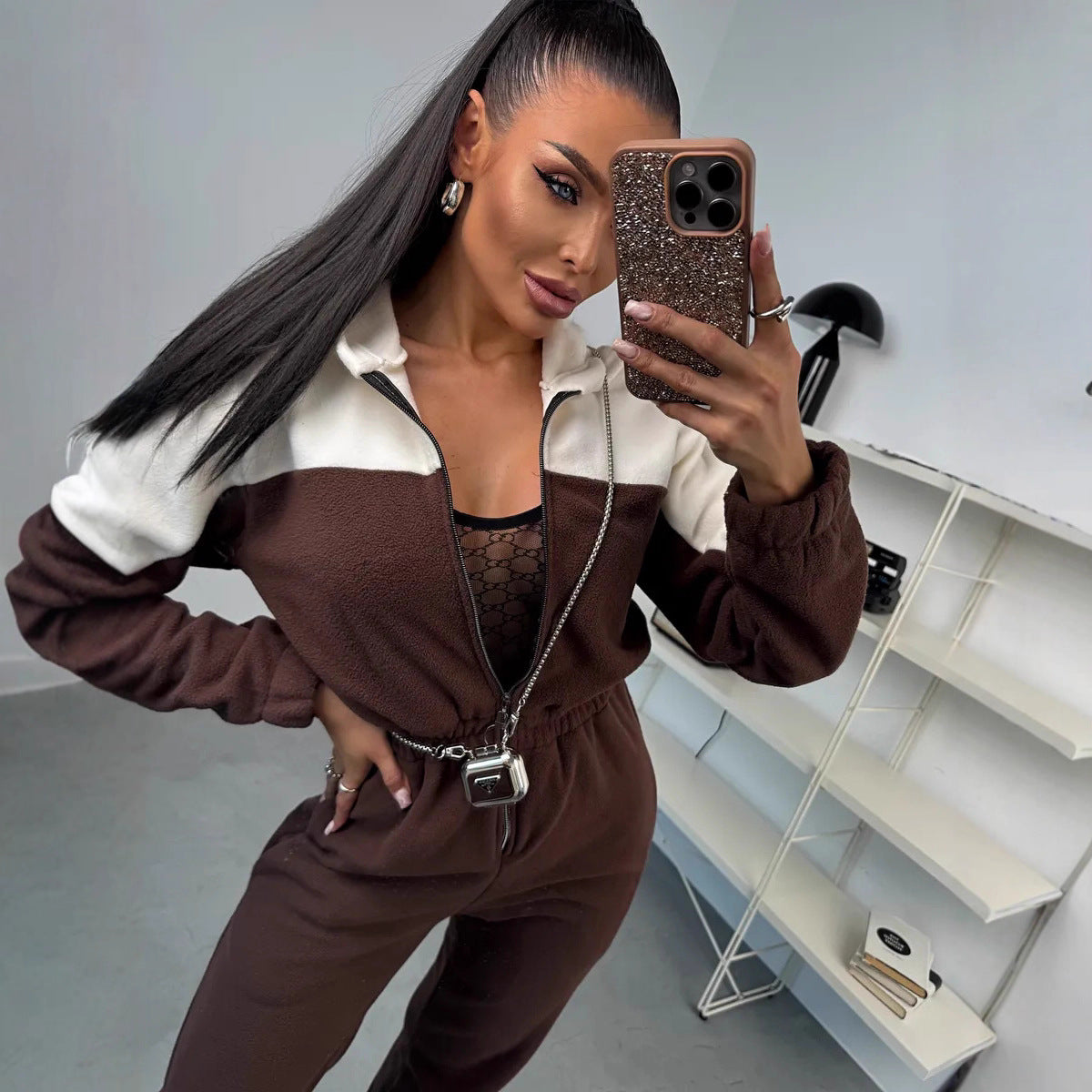 Damen Fleece-Overall mit Reißverschluss und Kapuze Schwarz - Norvielle