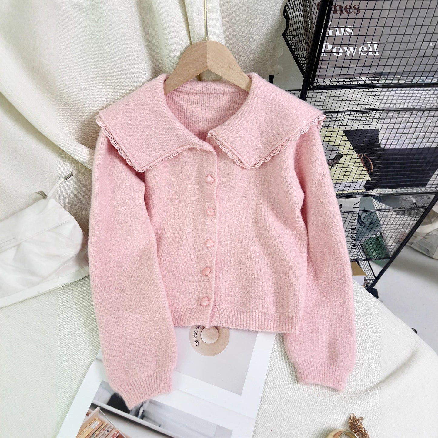 Damen Strickjacke Großkragen Dekorativ Norvielle
