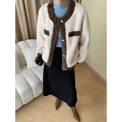 Damen Bouclé-Jacke Kuschelig Mit Knopfleiste Beige