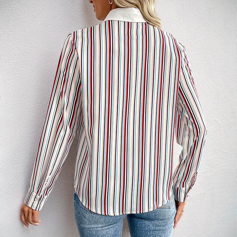 Damen Bluse Streifenmuster Eleganter Kragen Weiß