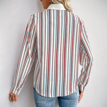 Damen Bluse Streifenmuster Eleganter Kragen Weiß