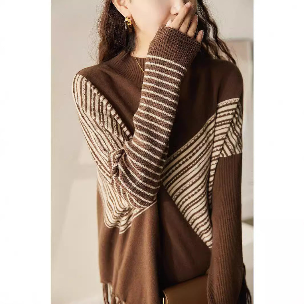 Damen Oversized Pullover Grafisches Streifenmuster Mit Fransen