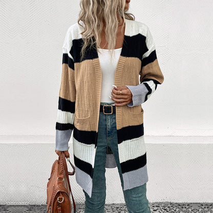 Damen Strickcardigan Lang Streifenmuster Taschen Beige
