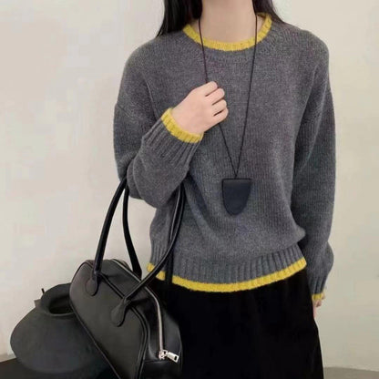 Damen Strickpullover Weich Kontrastbündchen Norvielle
