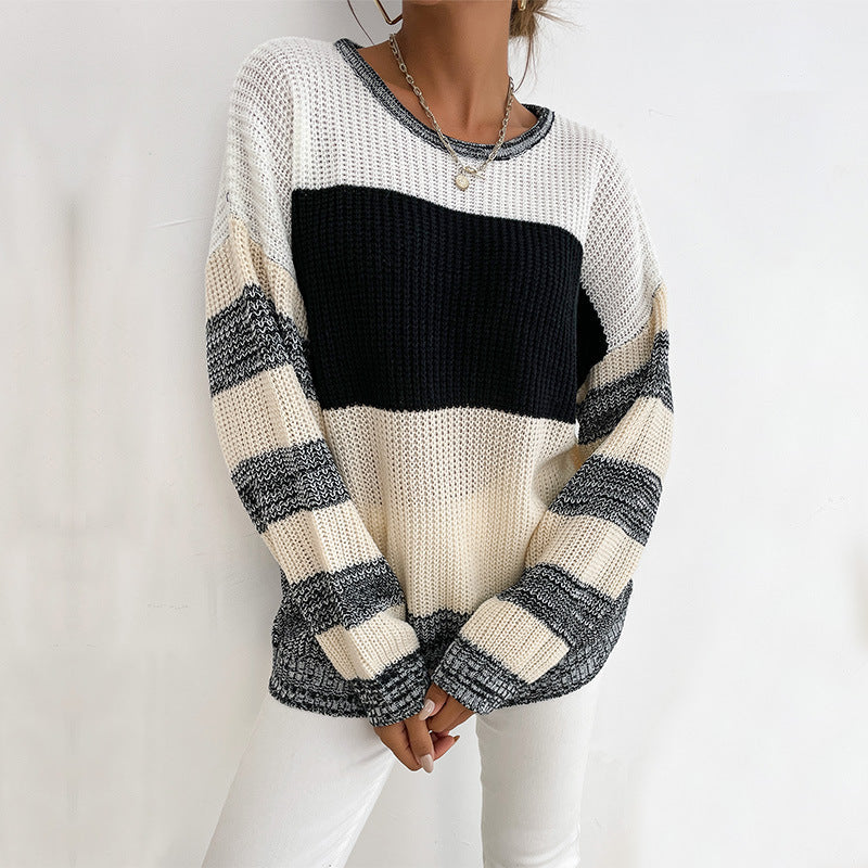 Damen Strickpullover Norvielle Weites Ärmel Blockdesign