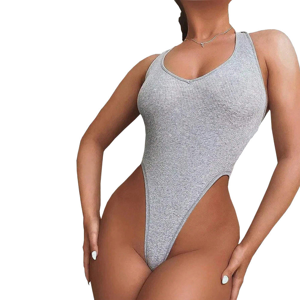 Damen Badeanzug Hochgeschnitten Rippdesign V-Ausschnitt