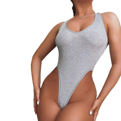 Damen Badeanzug Hochgeschnitten Rippdesign V-Ausschnitt