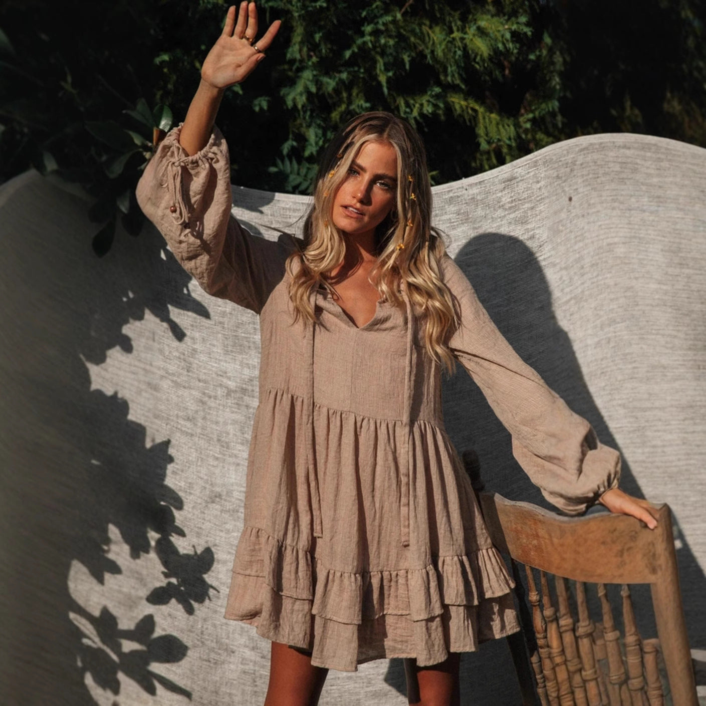 Damen Freizeitkleid Voluminöse Ärmel Rüschen Norvielle