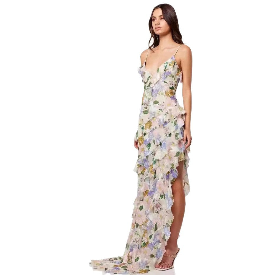 Damen Maxikleid mit Rüschen Floralmuster Tiefem Beinschlitz