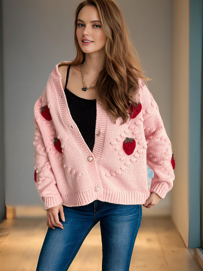 Damen Strickjacke Erdbeer Stickerei Knopfverschluss Norvielle