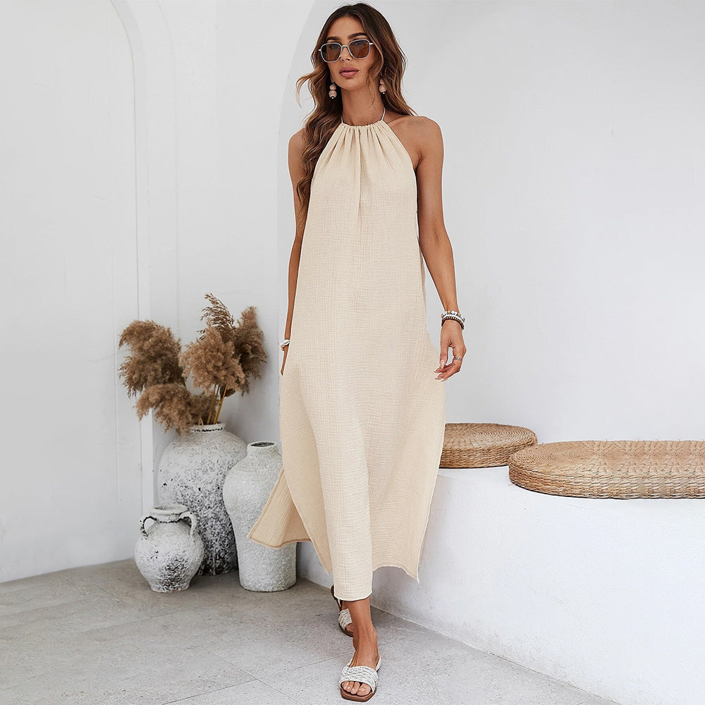 Damen Maxikleid Rüschendetail Halterneck