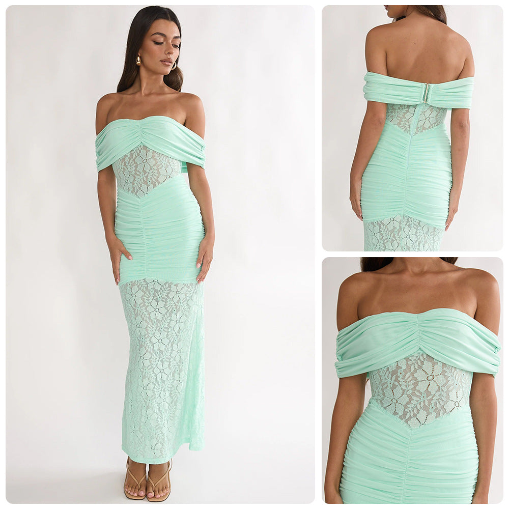 Damen Cocktailkleid Spitze Oberteil Fließender Rock Norvielle - Norvielle