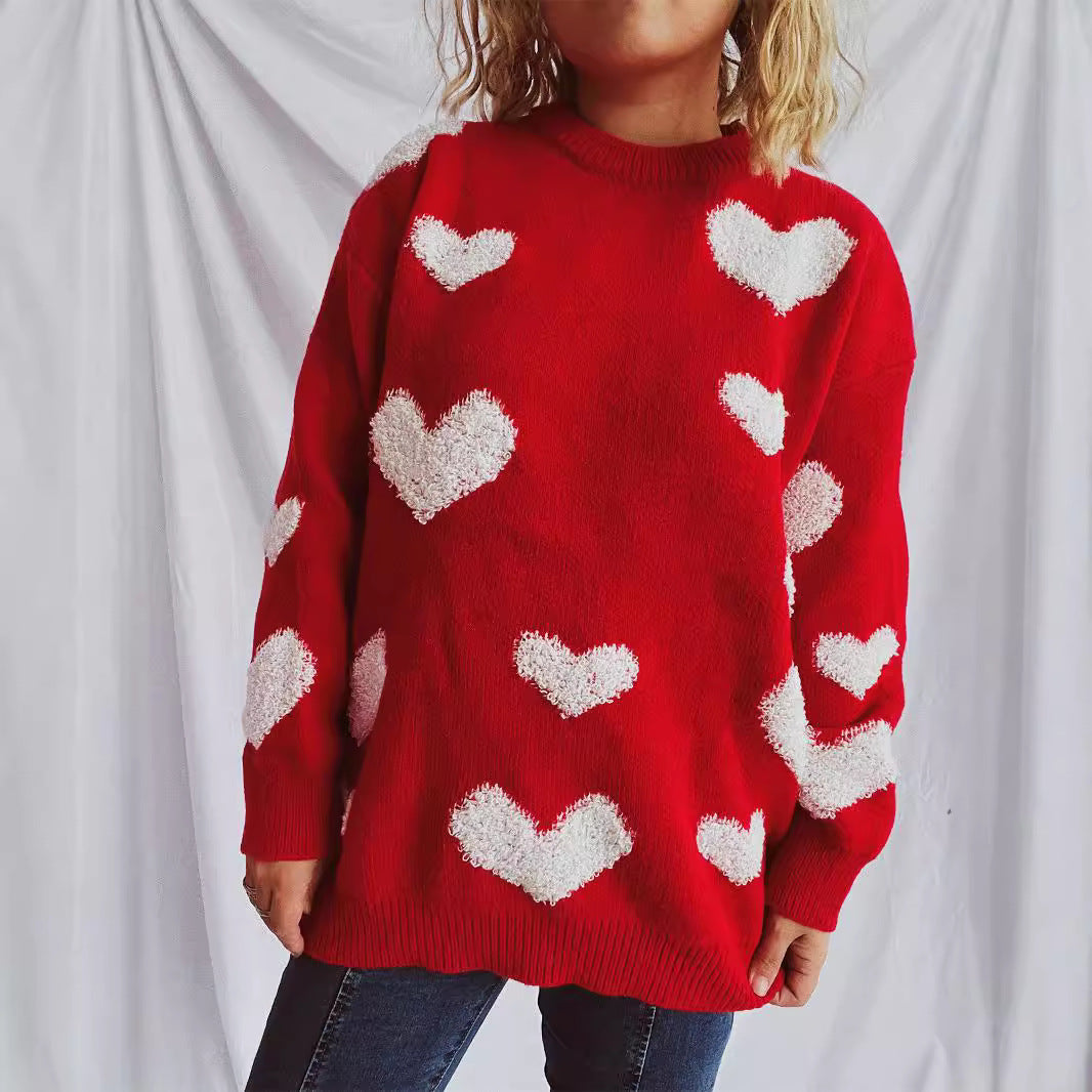 Damen Strickpullover Herzapplikationen