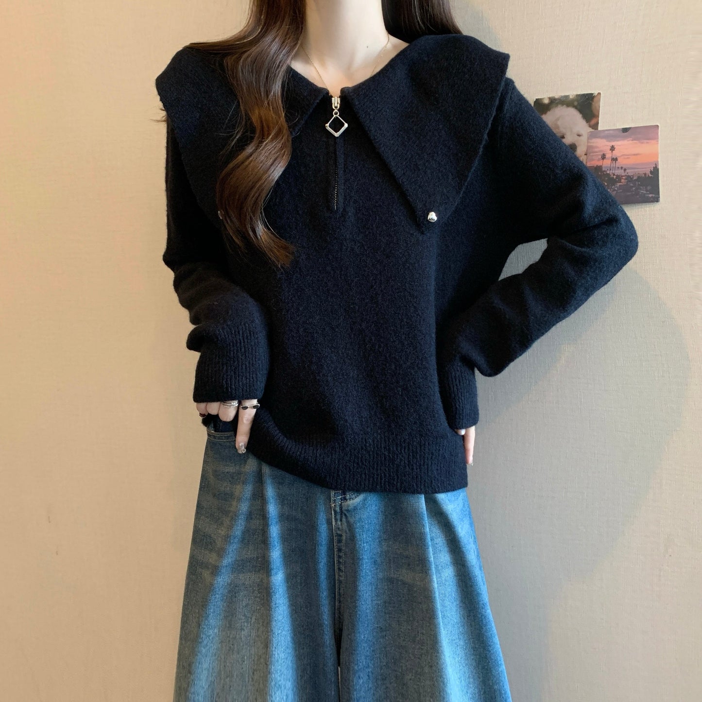 Damen Strickpullover Dekorativer Kragen Reißverschluss Norvielle
