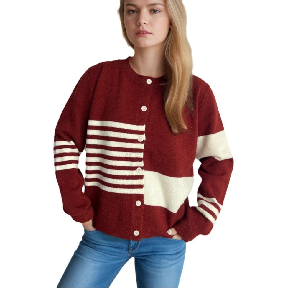Damen Strickjacke Kontraststreifen Elegante Knöpfe Norvielle