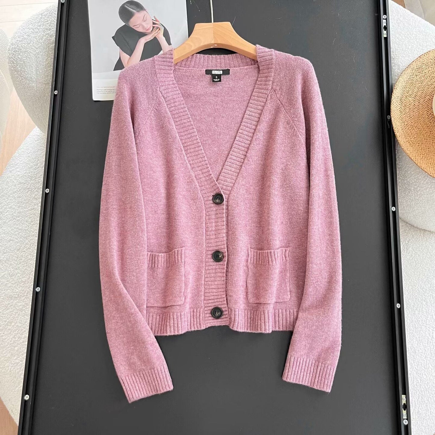 Damen Strickjacke Elegantes Design mit Taschen Beige