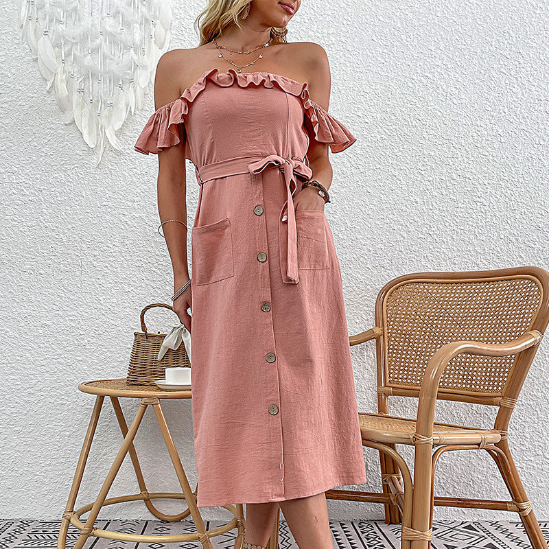 Damen Off-Shoulder Midi-Kleid Rüschendetails Bindegürtel