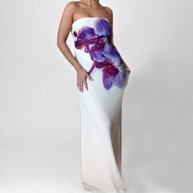 Damen Maxikleid Strapless Floralmuster Figurbetont