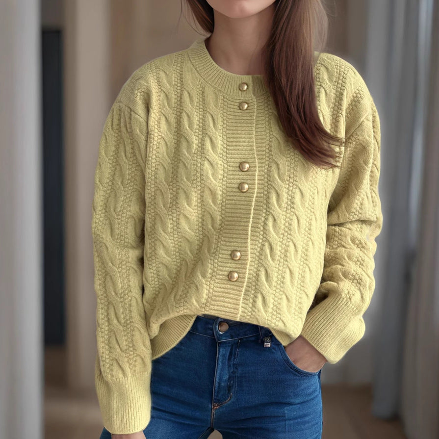 Damen Strickjacke Zopfmuster Perlenknöpfe Beige
