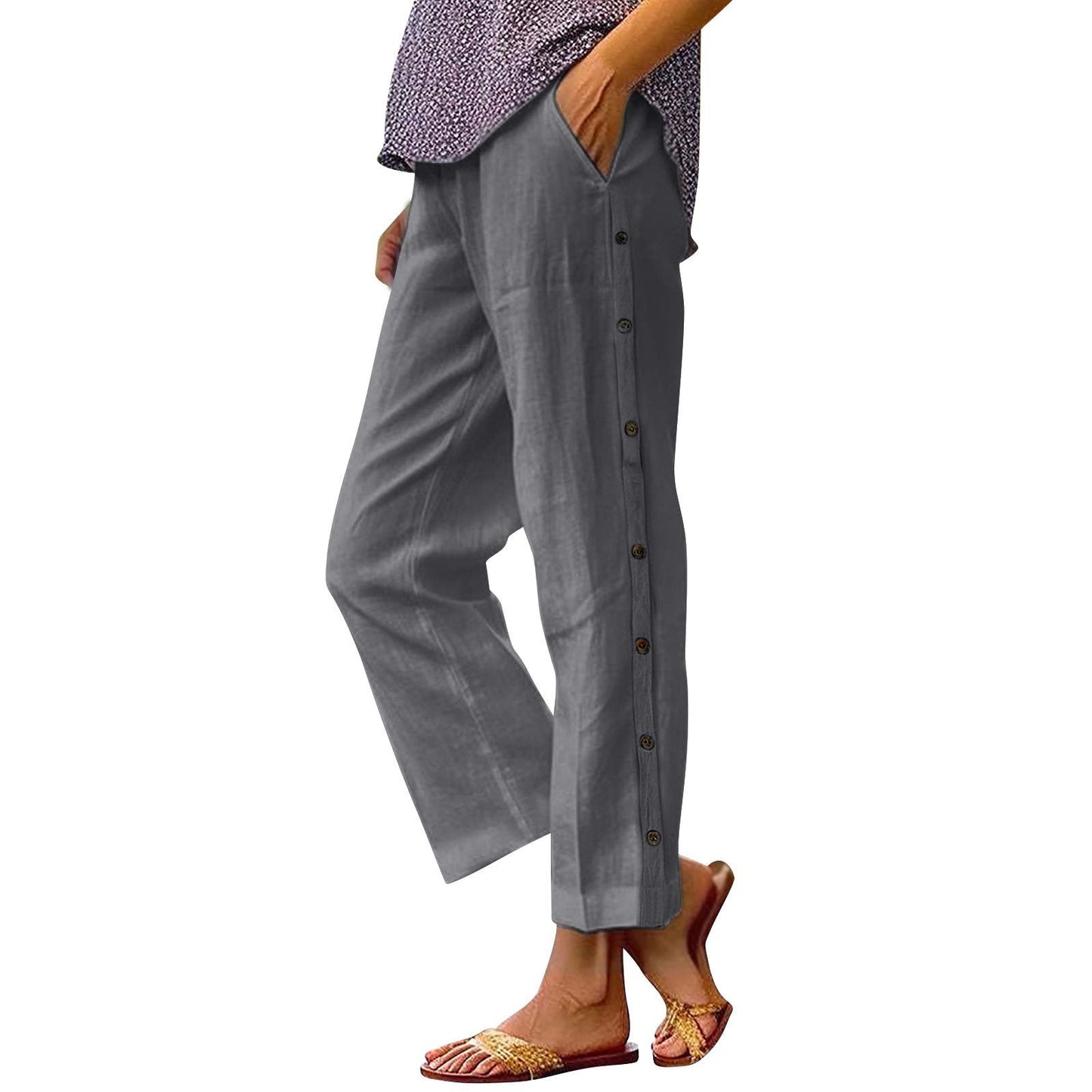 Damen Leinenhose Bequem Mit Knöpfen