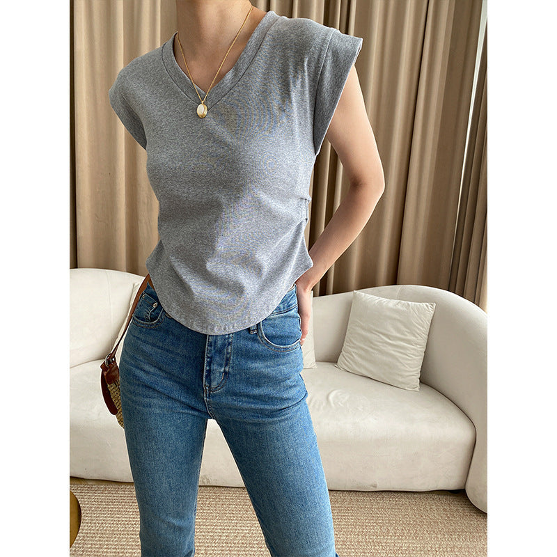 Damen T-Shirt Kurzarm V-Ausschnitt Lässig Weiß