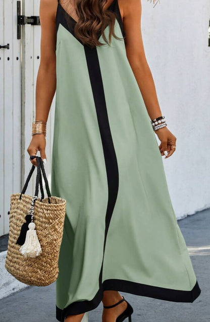 Damen Maxi-Kleid V-Ausschnitt Fließend Kontrastdetails