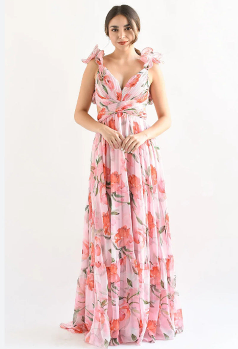 Damen Maxikleid Blumenmuster Rüschen Details Norvielle