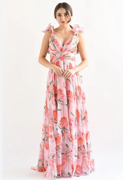 Damen Maxikleid Blumenmuster Rüschen Details Norvielle