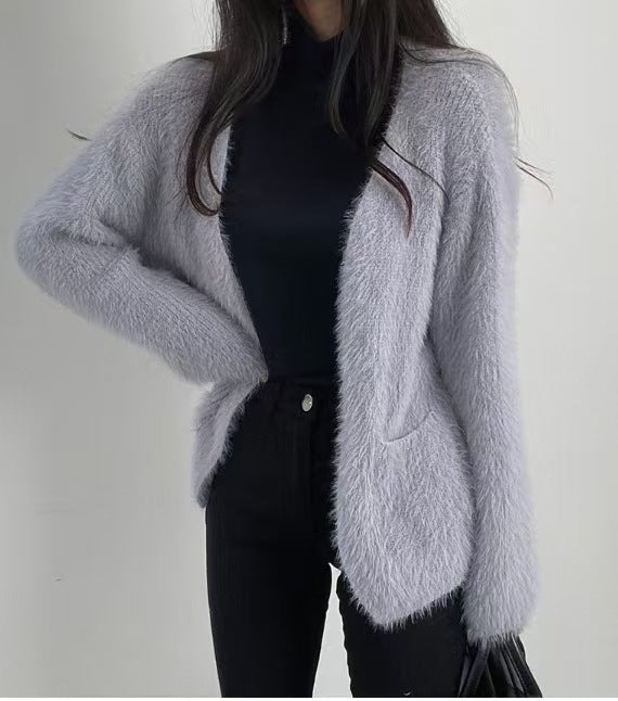 Damen Strickjacke Flauschig Offene Fronten Taschen Beige