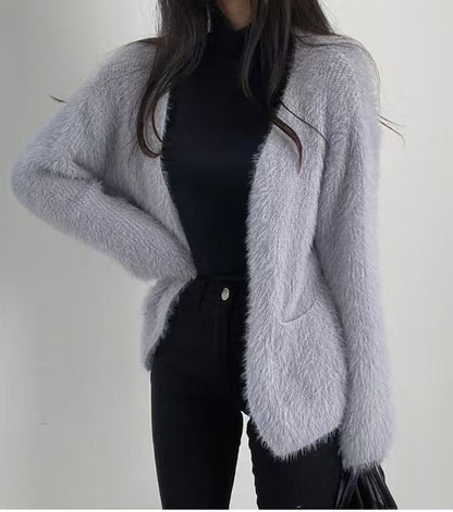 Damen Strickjacke Flauschig Offene Fronten Taschen Beige