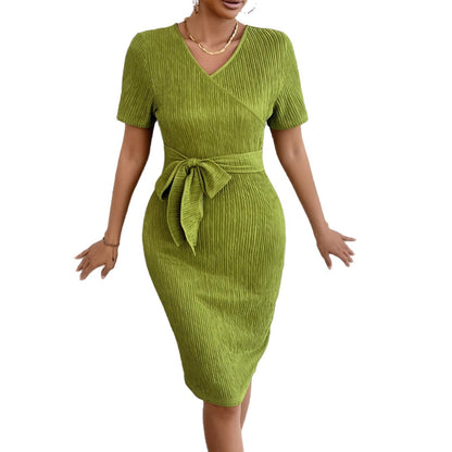 Damen Wickelkleid Gerippter Stoff Taillengürtel
