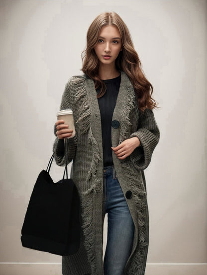 Damen Grobstrick-Cardigan mit Fransen und Knöpfen Norvielle