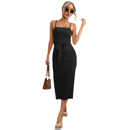 Damen Midi-Kleid mit Taillengürtel Spaghettiträger Norvielle