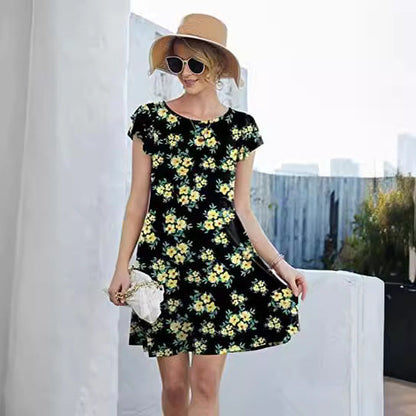 Damen Sommerkleid Blumenmuster Rüschendetails schwingender Rock