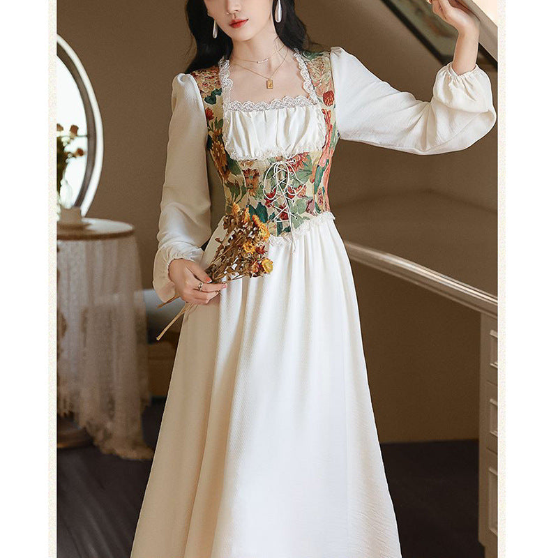 Damen Festkleid Florales Oberteil Länge Lang Ärmel