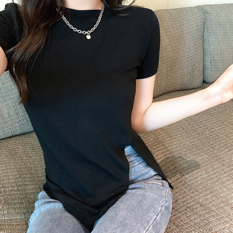Damen T-Shirt Elegant Seiden mit Seitenschlitz Figurbetont Schwarz - Norvielle