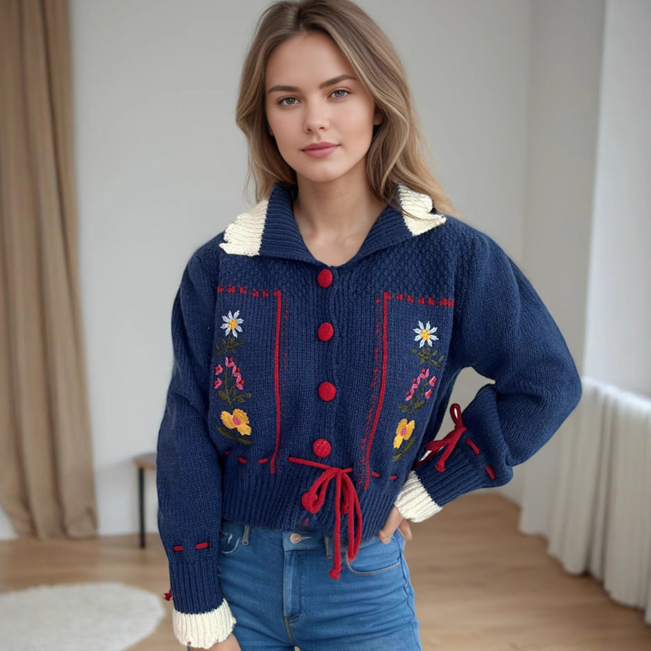 Damen Strickjacke Blumenstickerei Kordelzug Norvielle