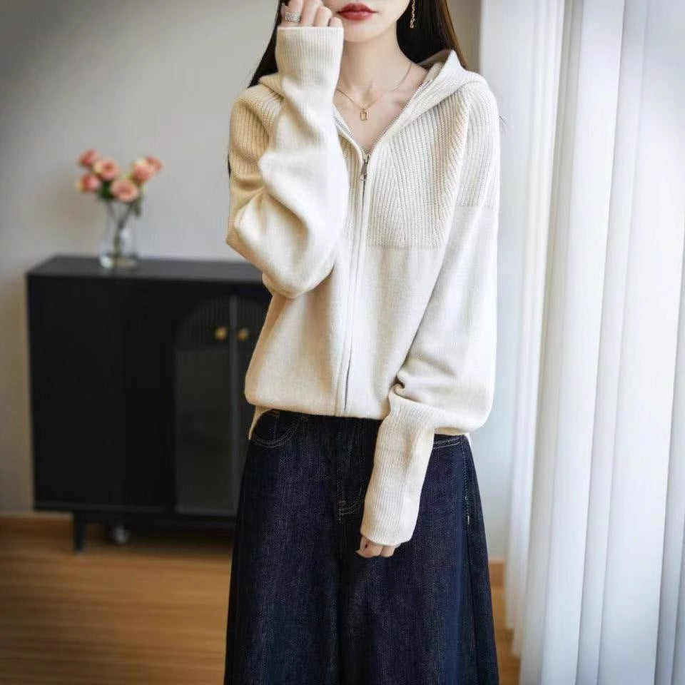 Damen Strickjacke mit Kapuze und Reißverschluss