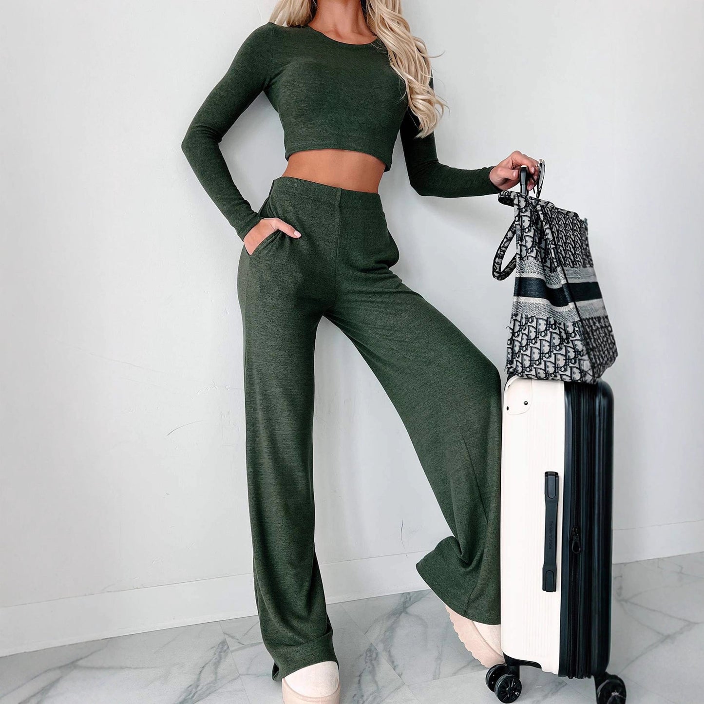 Damen Sweat Suit Set Cropped Oberteil Weite Hose Norvielle - Norvielle