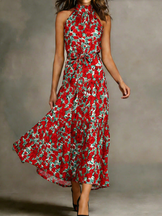 Damen Maxikleid Floralmuster Schmal Taillengürtel Norvielle