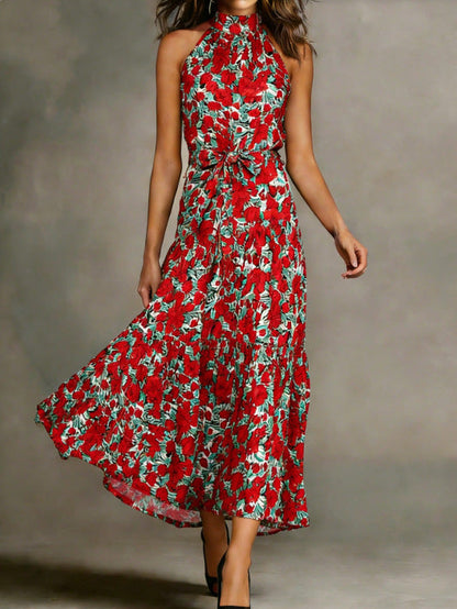 Damen Maxikleid Floralmuster Schmal Taillengürtel Norvielle