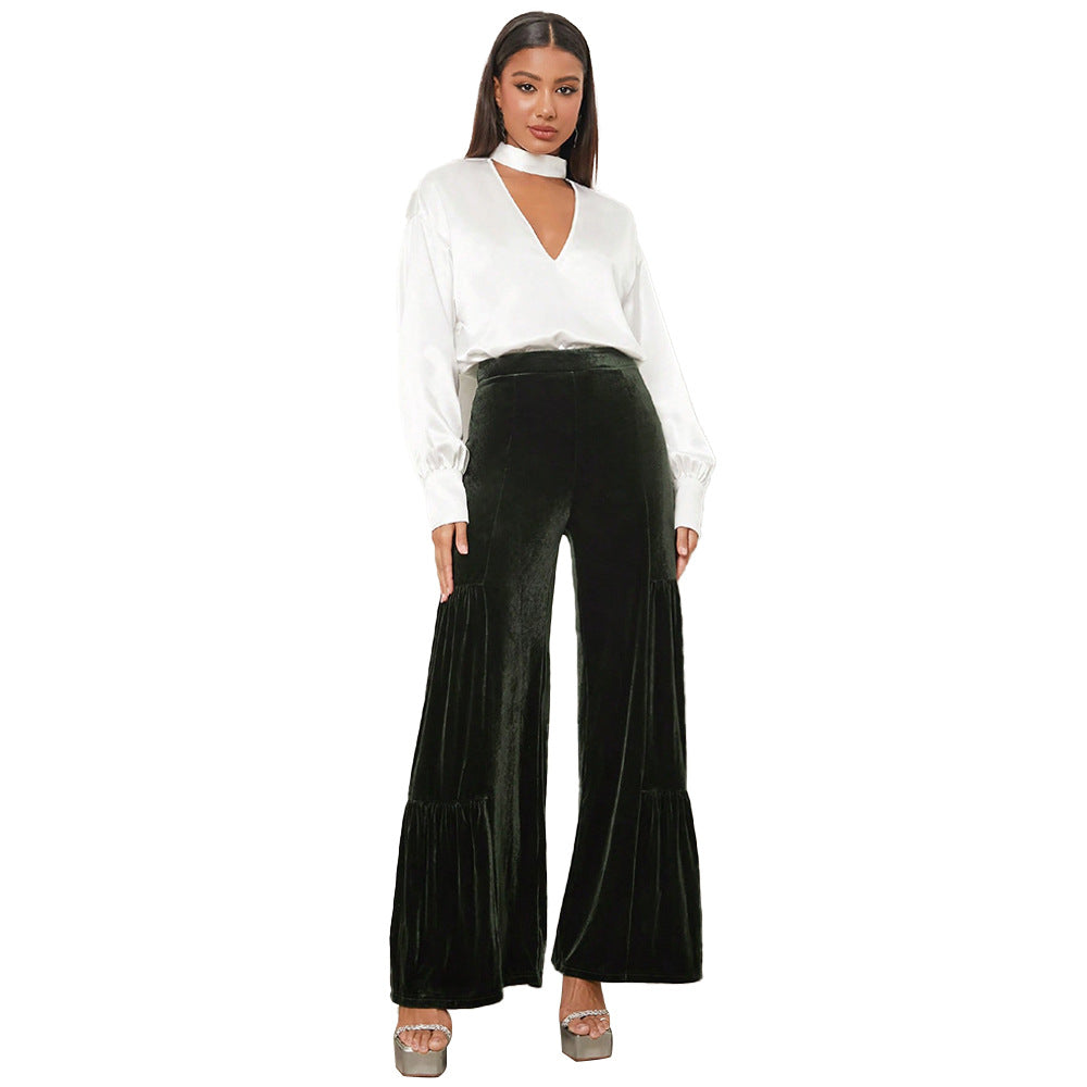 Damen Velours-Hose Weite Passform Rüschendetails Norvielle