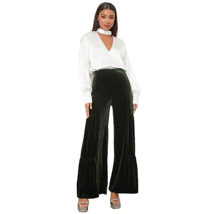 Damen Velours-Hose Weite Passform Rüschendetails Norvielle