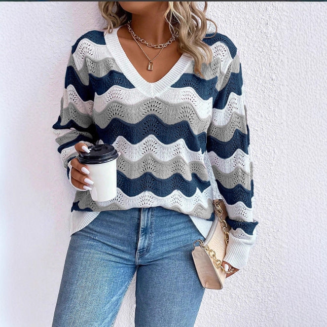 Damen Pullover V-Ausschnitt Wellenmuster Luftig Norvielle - Norvielle