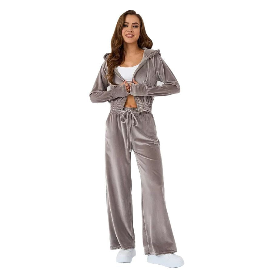 Damen Velours Jogginganzug Cropped Kapuze Weite Passform